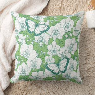 Botanical Orchid Garden with Butterflies in green Throw Pillow