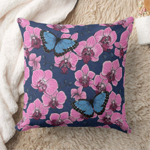 Botanical Orchid Garden with Butterflies Throw Pillow