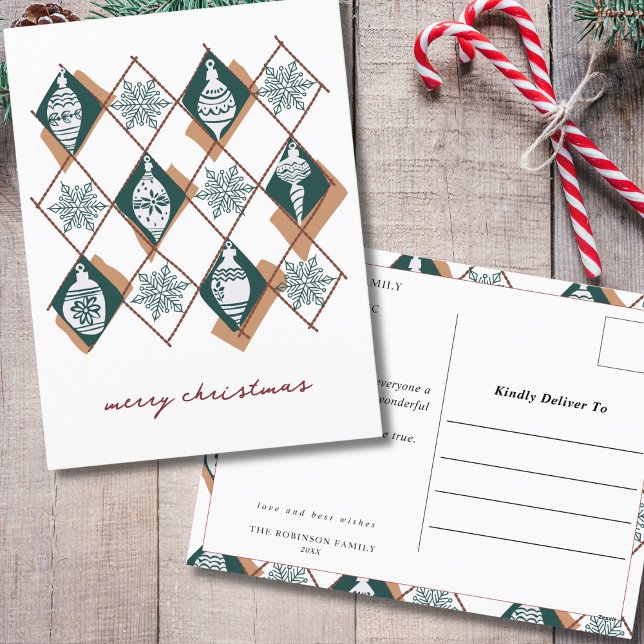 Botanical Ornaments Merry Christmas Typography Holiday Postcard (Creator Uploaded)