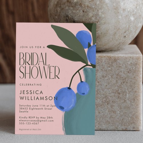 Botanical Painting Blue Pink Floral Bridal Shower Invitation