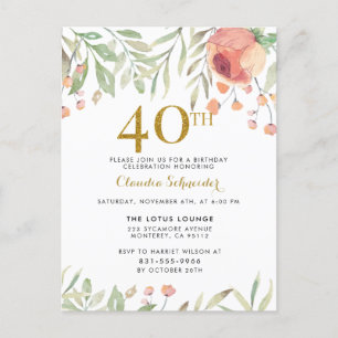 Botanical Painting & Gold Glitter 40th Birthday Invitation Postcard