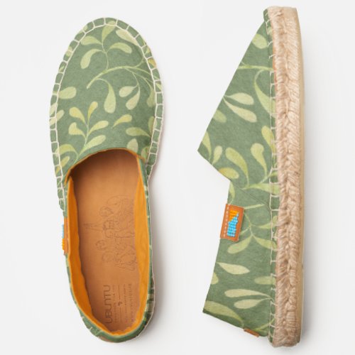 Botanical Pale Green Leaves Pattern on Green Espadrilles