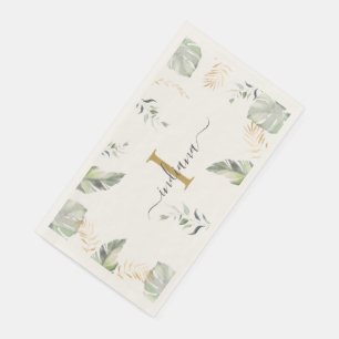 Botanical Palms Monogram Name Green Gold Leaves Paper Guest Towels