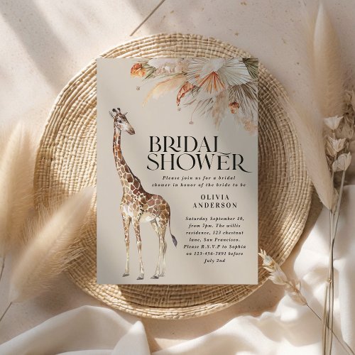 Botanical pampas grass giraffe bridal shower invitation