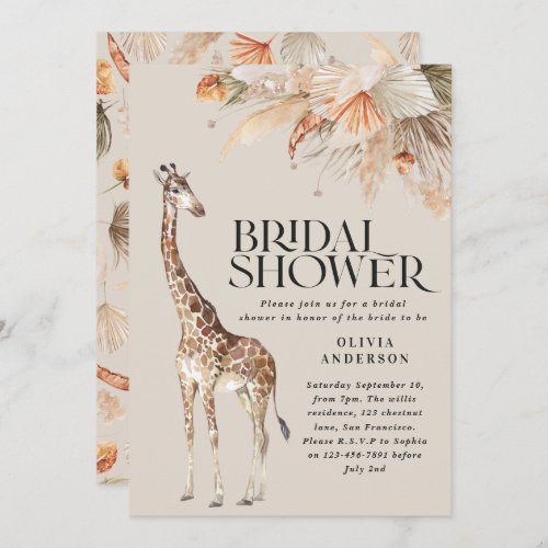 Botanical pampas grass giraffe bridal shower invitation