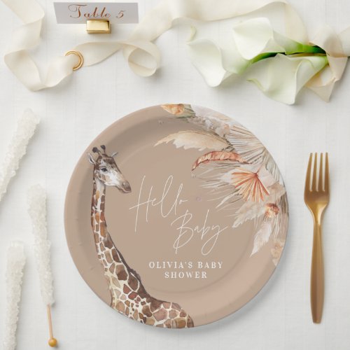 Botanical pampas grass giraffe safari natural chic paper plates