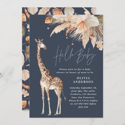 Botanical pampas grass giraffe safari navy blue invitation