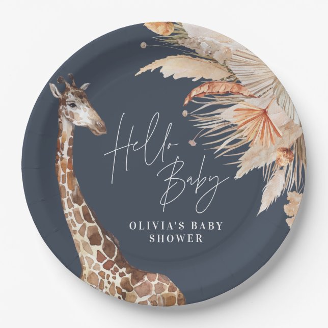 Botanical pampas grass giraffe safari navy blue paper plates (Front)