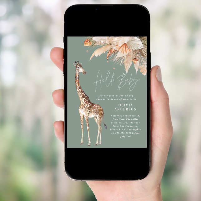 Botanical pampas grass giraffe safari sage green invitation (Front Digital)