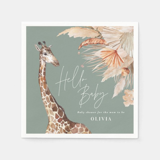 Botanical pampas grass giraffe safari sage green napkins (Front)