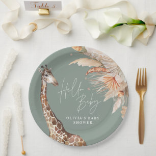 Botanical pampas grass giraffe safari sage green paper plates
