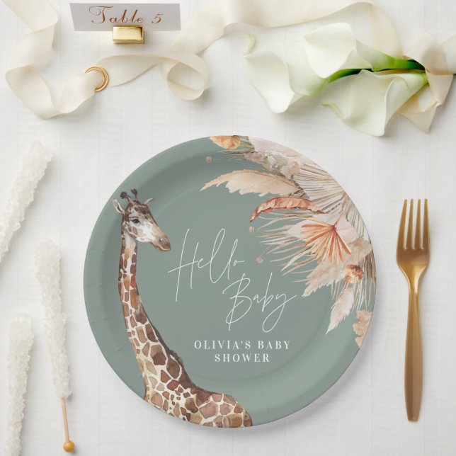 Botanical pampas grass giraffe safari sage green paper plates (Wedding)