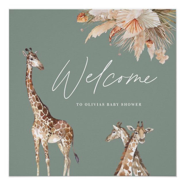 Botanical pampas grass giraffe safari sage green t poster (Front)
