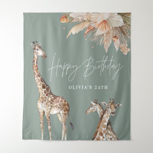 Botanical pampas grass giraffe safari sage green tapestry