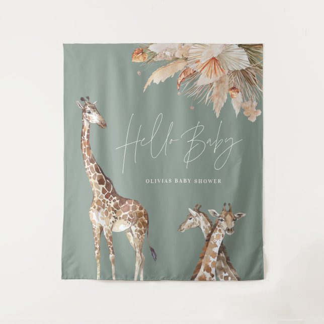 Botanical pampas grass giraffe safari sage green tapestry (Front)