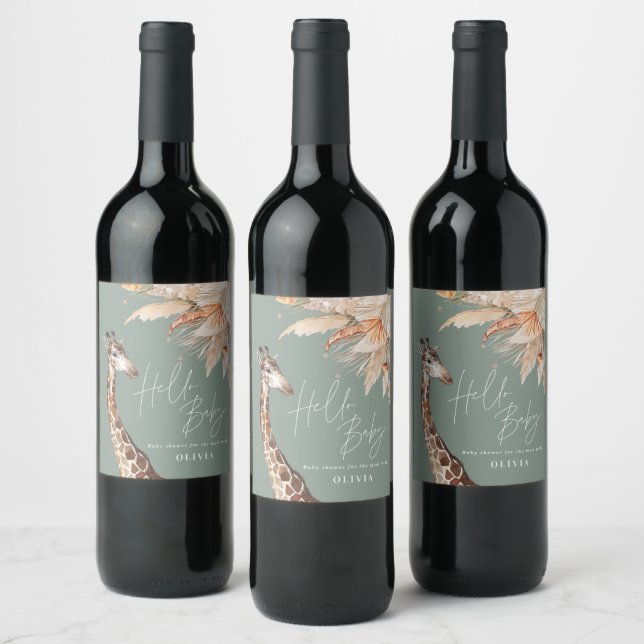 Botanical pampas grass giraffe safari sage green wine label (Bottles)