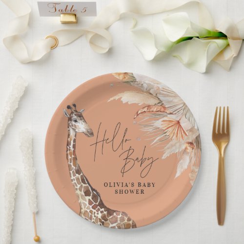 Botanical pampas grass giraffe safari terracotta paper plates