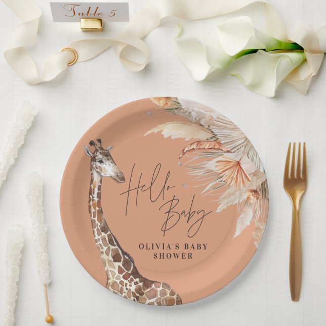 Botanical pampas grass giraffe safari terracotta paper plates (Wedding)