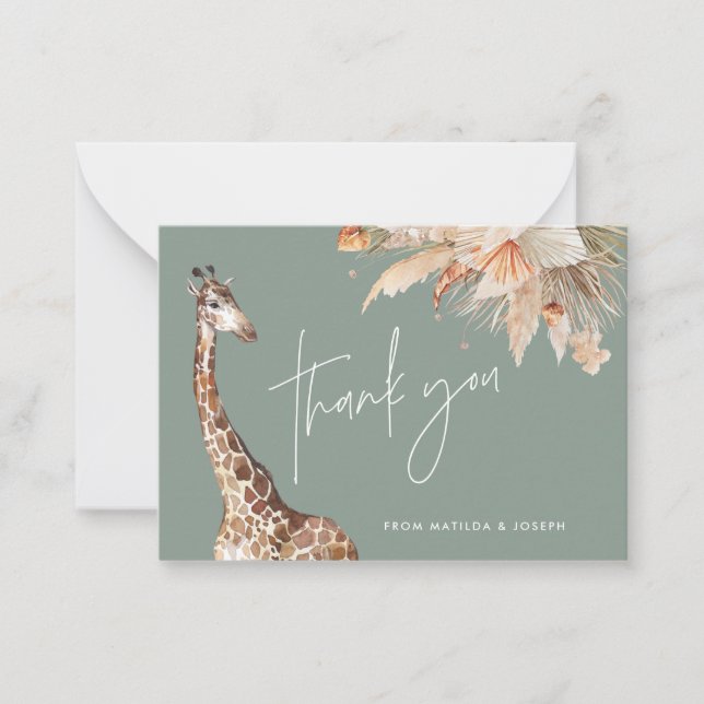 Botanical pampas grass giraffe safari thank you note card (Front)