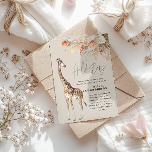 Botanical pampas grass modern giraffe safari chic  invitation