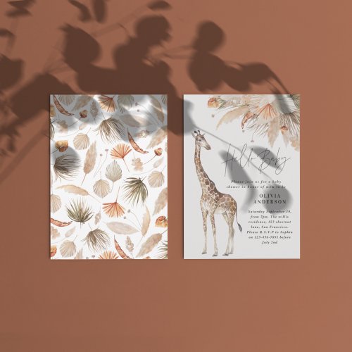 Botanical pampas grass modern giraffe safari chic  invitation