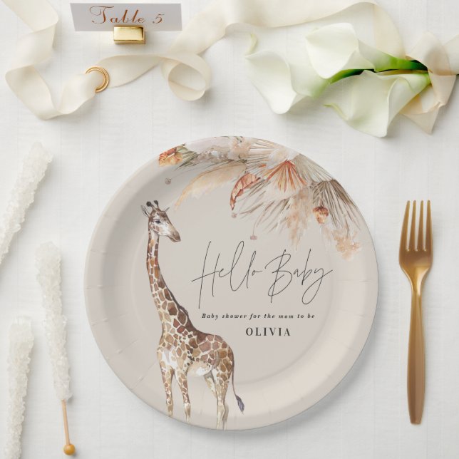 Botanical pampas grass modern giraffe safari chic paper plates (Wedding)