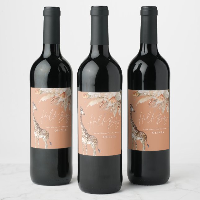 Botanical pampas grass modern giraffe safari chic  wine label (Bottles)