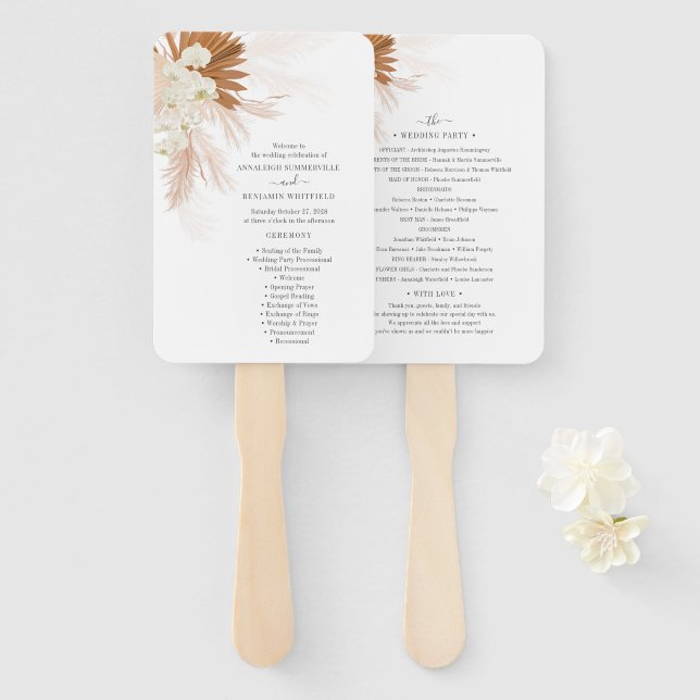 Botanical Pampas Grass Terracotta Wedding Program Hand Fan (Front and Back)