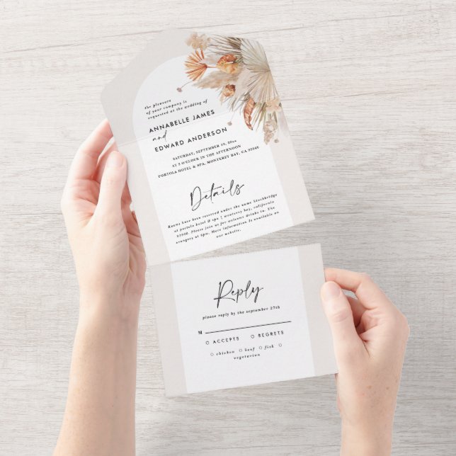 Botanical pampas grass wedding all in one all in one invitation (Tearaway)