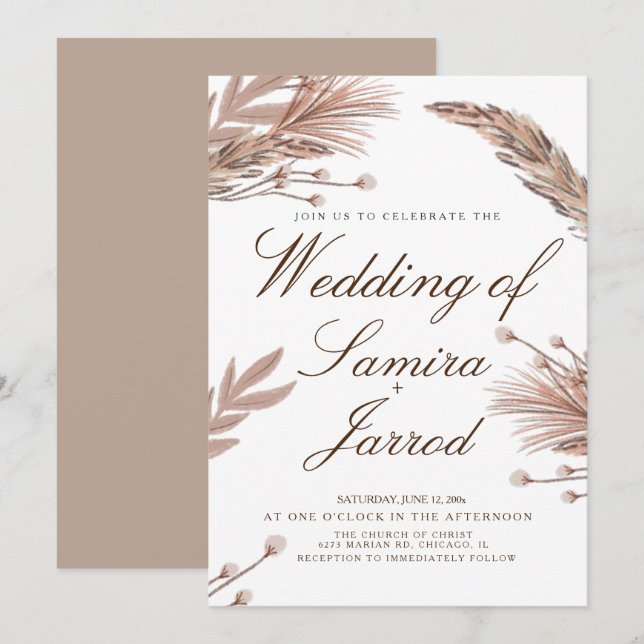 Botanical Pampas Hand Drawn Botanical  Wedding Invitation (Front/Back)