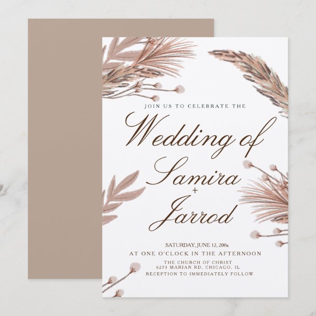 Botanical Pampas Hand Drawn Wedding Kraft Invitation (Front/Back)