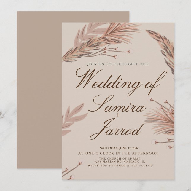 Botanical Pampas Natural Warm Botanical  Wedding Invitation (Front/Back)