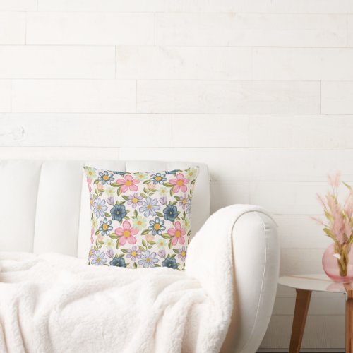 Botanical Pastel Color Flowers Pattern White Throw Pillow