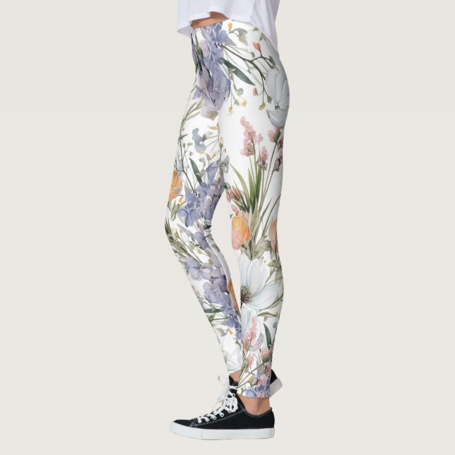 Botanical pastel colors wildflower summer floral leggings (Left)