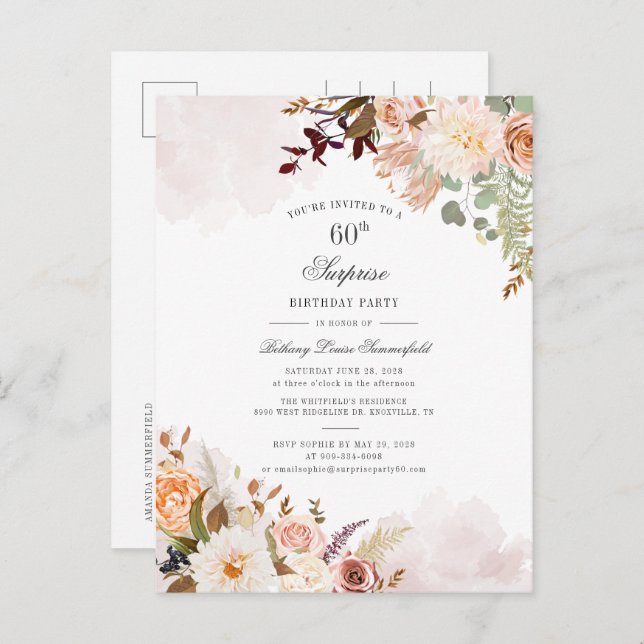Botanical Pastel Floral 60th Birthday Party Invitation Postcard (Front/Back)