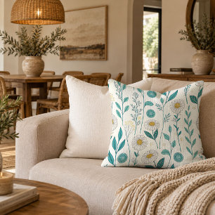 Botanical Pastel Green Watercolor Wildflowers Pill Throw Pillow
