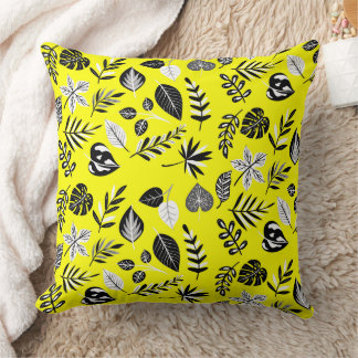 Botanical Pattern (Black and White Leaves) Yellow Throw Pillow