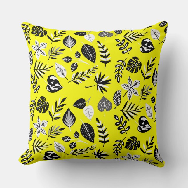 Botanical Pattern (Black and White Leaves) Yellow Throw Pillow (Front)