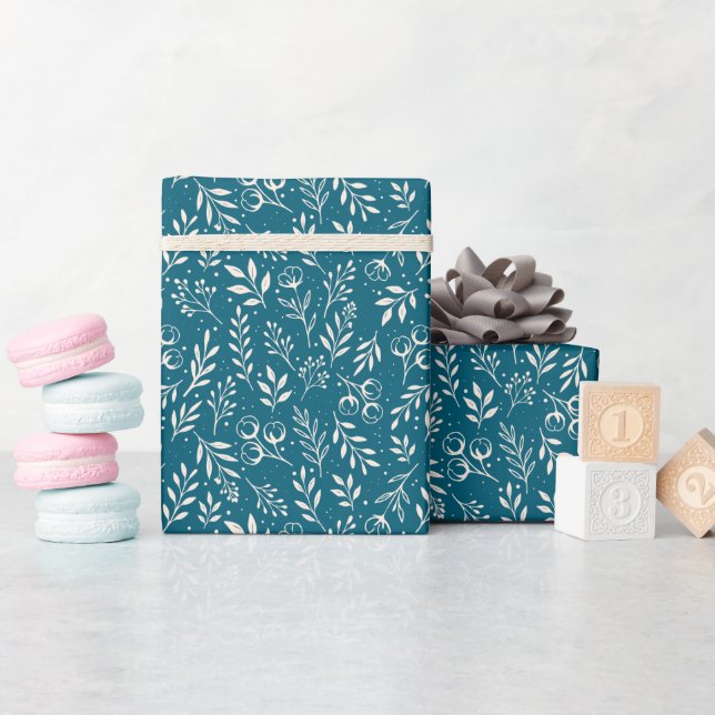 Botanical Pattern Dark Blue - Wrapping Paper Roll (Baby Shower)