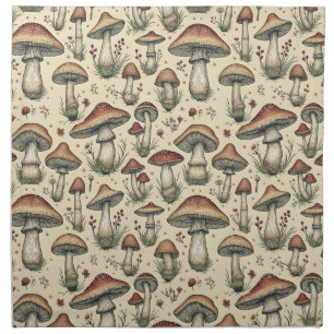 Botanical Pattern of Mushrooms in Brown and Beige  Cloth Napkin