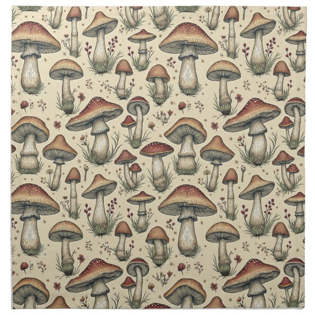 Botanical Pattern of Mushrooms in Brown and Beige  Cloth Napkin (Front)