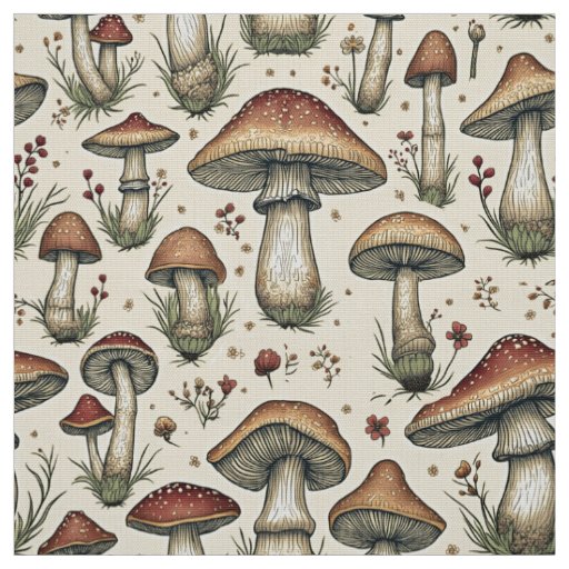 Botanical Pattern of Mushrooms in Brown and Beige  Fabric