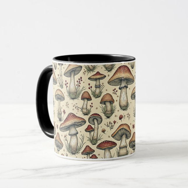 Botanical Pattern of Mushrooms in Brown and Beige  Mug (Front Left)