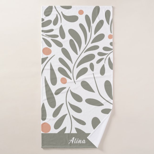 Botanical Pattern Sage green leaves custom name Bath Towel (Bath Towel)