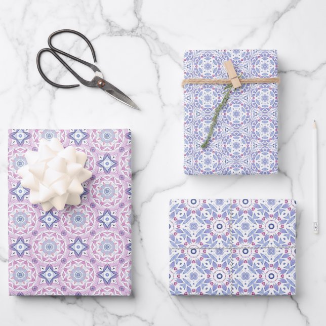 Botanical Pattern with Blue, Lavender, and Pink Wrapping Paper Sheets (Front)