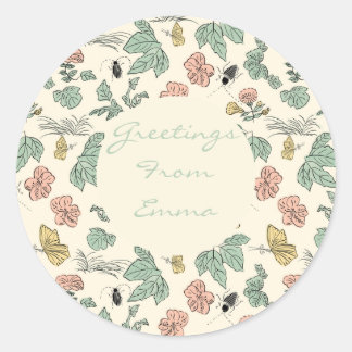  Botanical Pattern with Butterflies and Beetles Classic Round Sticker