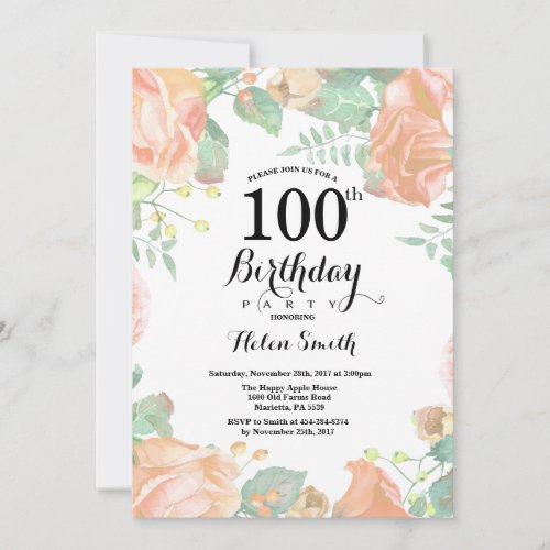 Botanical Peach Floral 100th Birthday Invitation
