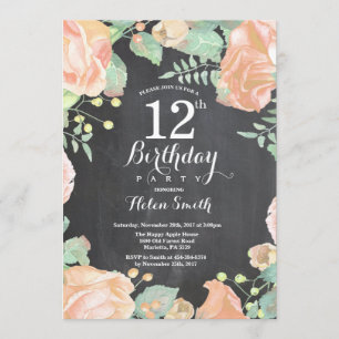 Botanical Peach Floral 12th Birthday Invitation
