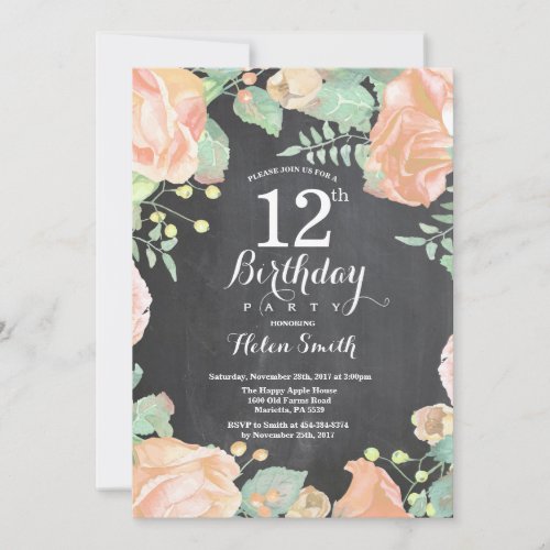 Botanical Peach Floral 12th Birthday Invitation