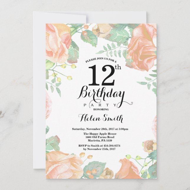 Botanical Peach Floral 12th Birthday Invitation (Front)